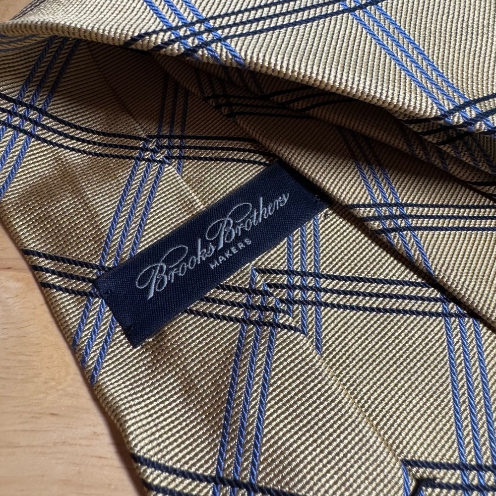 Brooks Brothers Makers Men's Silk Blend Tie Plaid Yellow Blue White Made in USA